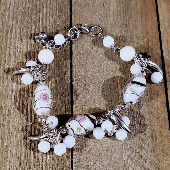 Vintage Murano Glass Beads White Silver Charm Bracelet Style B - Picture 2 of 5